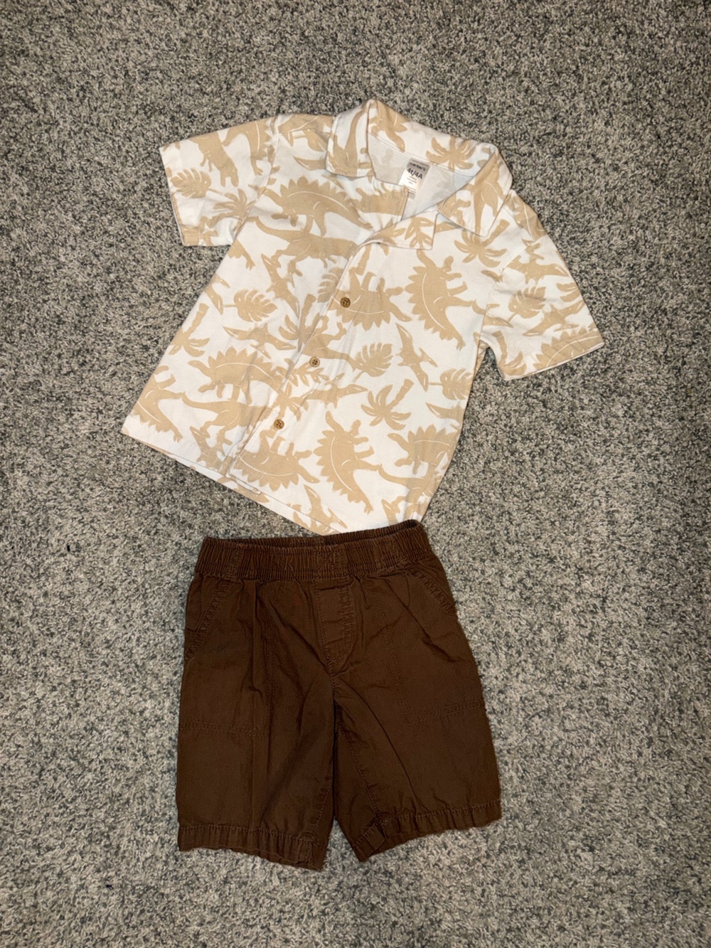 Carter's Brown Elastic-Waist Shorts with Dino Print Shirt Set